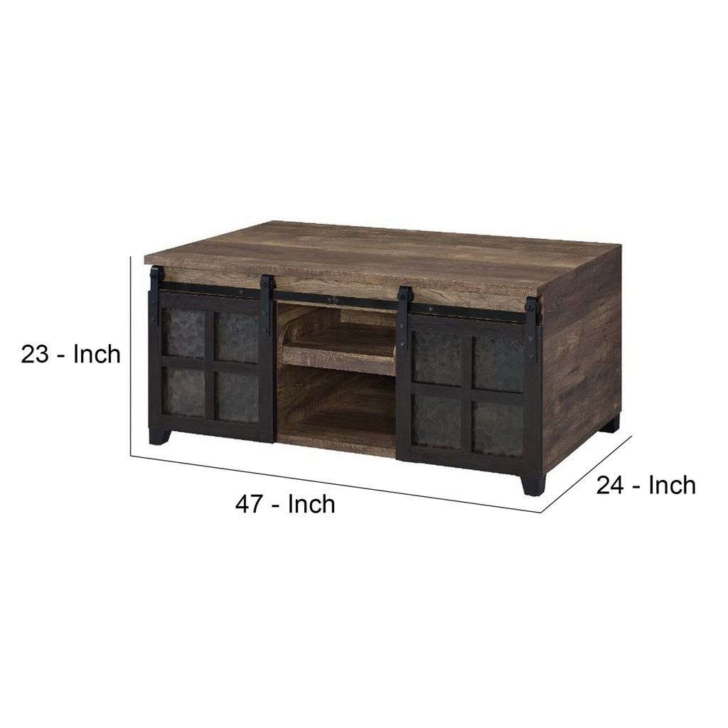 Coffee Table with 2 Barn Sliding Glass Doors and Pull Out Tray, Brown - View 6