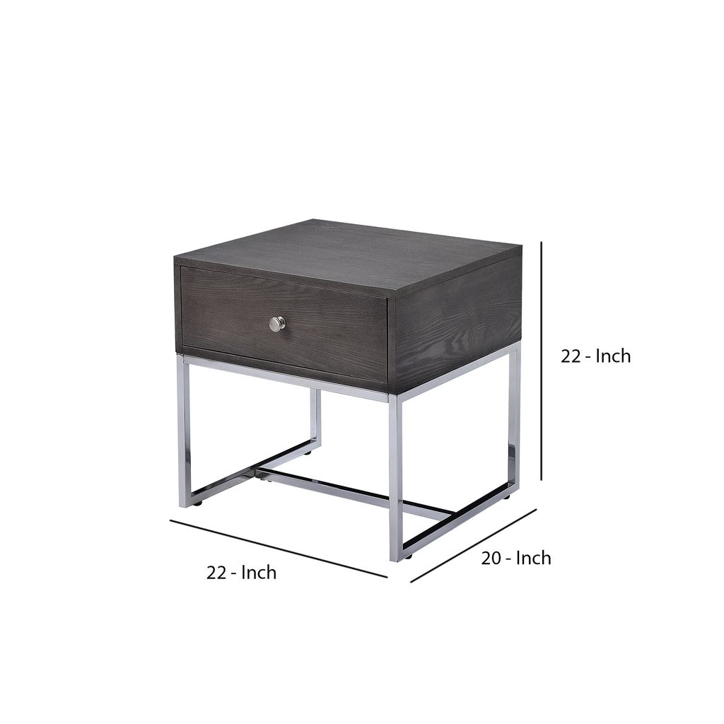 Wooden End Table with Tubular Metal Base and Spacious Drawer, Gray and Silver - View 6