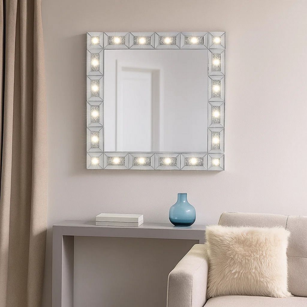 Mirror Panel Frame Wall Decor with Light Function and Faux Diamond, Silver - View 7