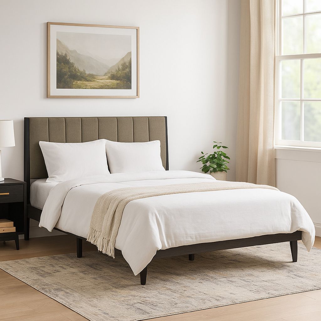 85 Inch Wood Queen Platform Bed, Channel Tufting, Taupe Brown Fabric - View 7