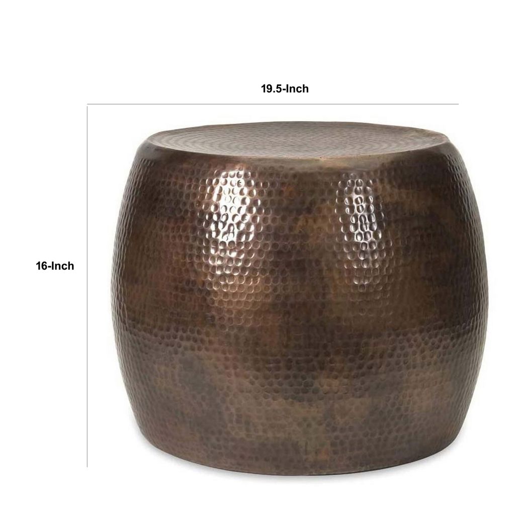 20 Inch Classic Iron Low Accent Table, Round Top, Drum Shape, Brown - View 5