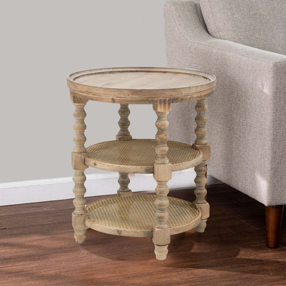 Jake 25 Inch 3 Tier Side Table, Fir Wood, 2 Woven Wicker Shelves, Brown - View 7