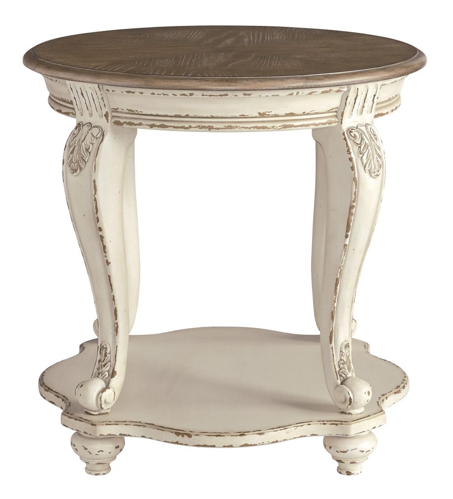 Round Wooden End Table with Open Bottom Shelf, Brown and Antique White - View 2