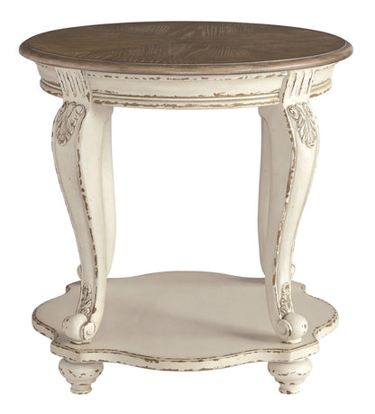 Round Wooden End Table with Open Bottom Shelf, Brown and Antique White - View 2
