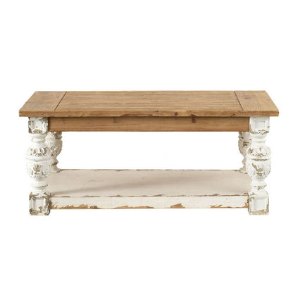 47 Inch Classic Coffee Table, Rectangular, Carved Leg, Bottom Shelf, Brown - View 2
