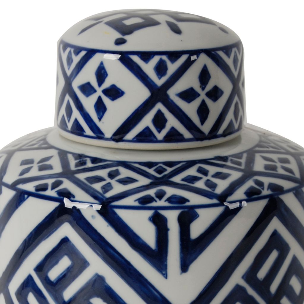 14 Inch Lidded Jar, Geometric Pattern, Cylindrical Blue and White Porcelain - View 3