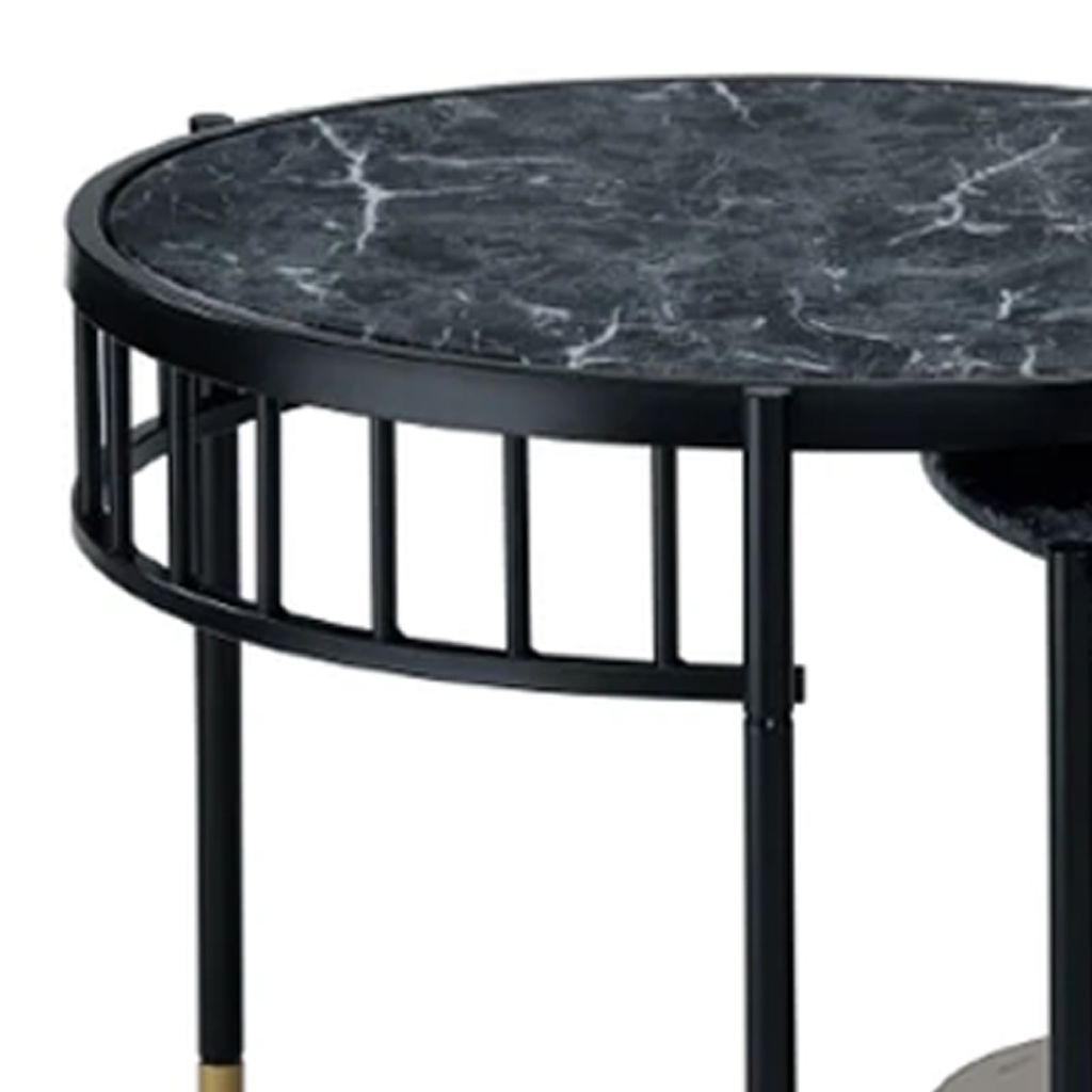 40 Inch 2 Piece Nesting Coffee Table, Faux Marble Top, Glass Shelf, Black - View 3