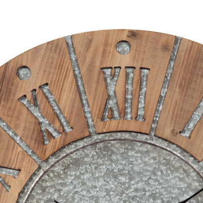 Round Wooden Frame Wall Clock with Metal Accents, Brown and Gray - View 3
