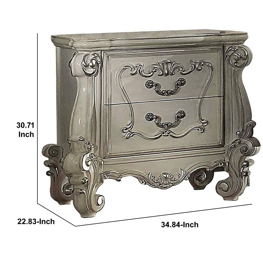Two Drawers Wooden Nightstand with Carved Details, Bone White - View 5