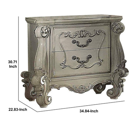 Two Drawers Wooden Nightstand with Carved Details, Bone White - View 5