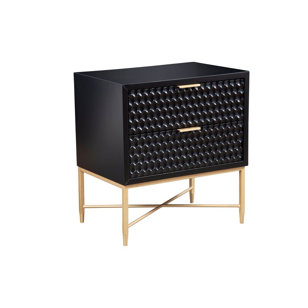 Rexi 26 Inch 2 Drawer Nightstand, Honeycomb, Mahogany Wood, Black, Gold - View 2