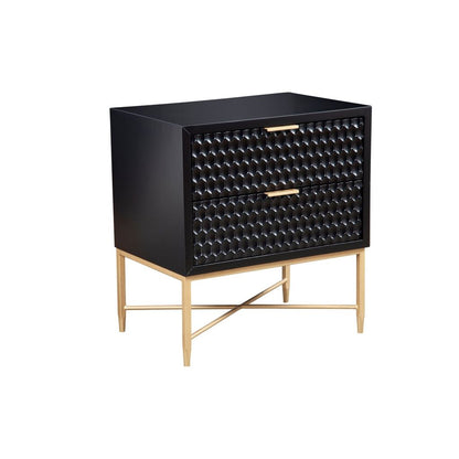 Rexi 26 Inch 2 Drawer Nightstand, Honeycomb, Mahogany Wood, Black, Gold - View 2
