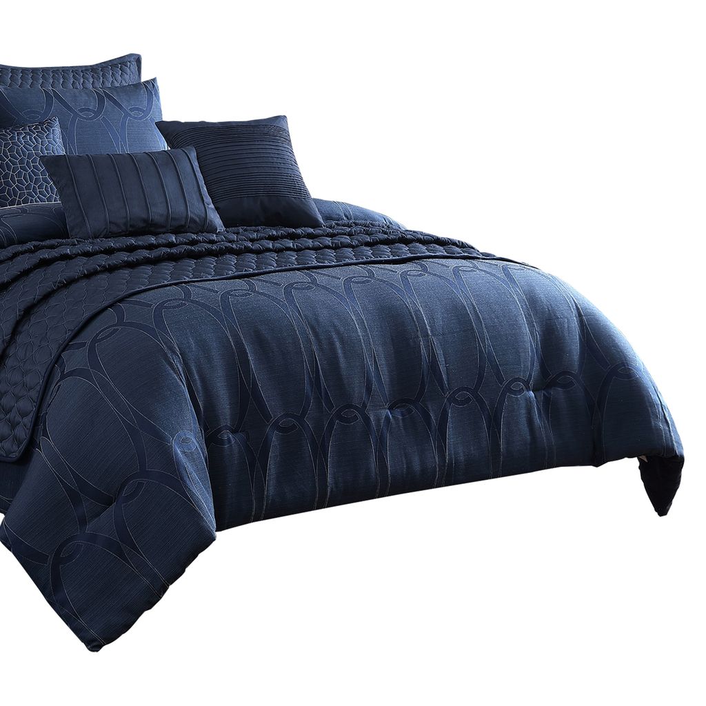 10 Piece Queen Polyester Comforter Set with Geometric Print, Dark Blue - View 2