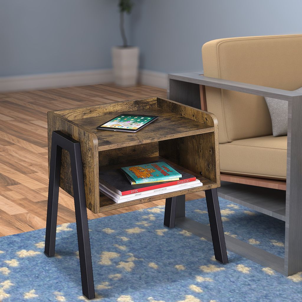 Wooden Stackable End Table with Inverted Iron Legs and Storage Compartment, Brown and Black - View 7