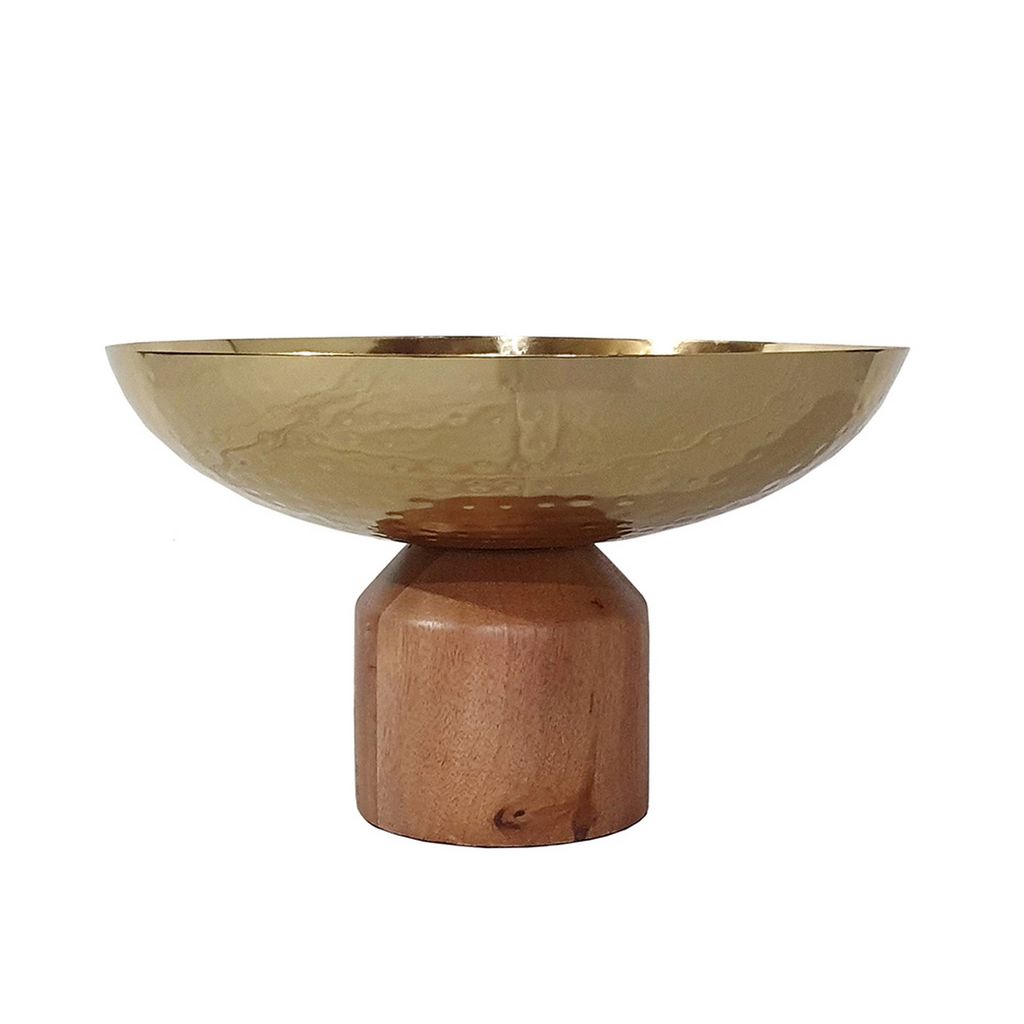 Roe 12 Inch Large Acacia Wood Table Bowl, Steel, Decorative, Gold and Brown - View 2