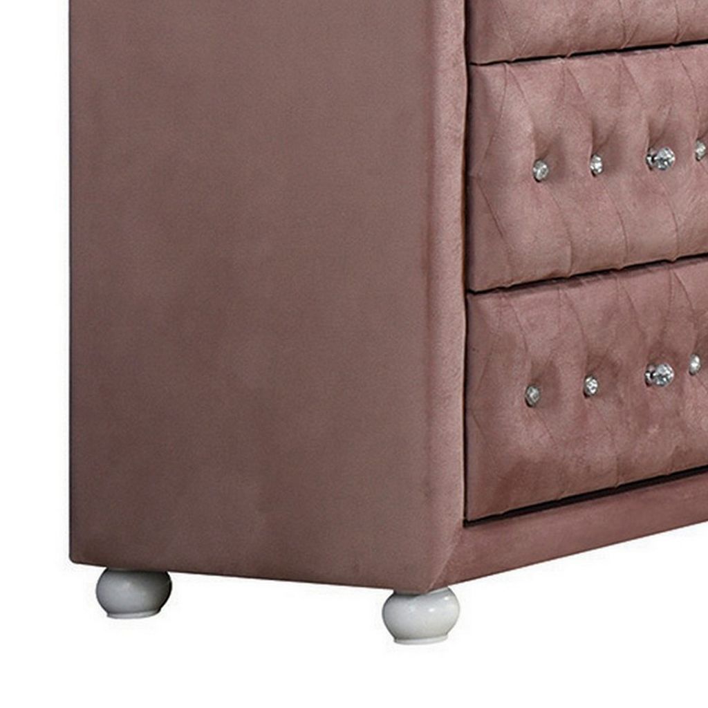Rex 40 Inch Modern Upholstered Dresser, 6 Drawers, Crystal Handles, Pink - View 4