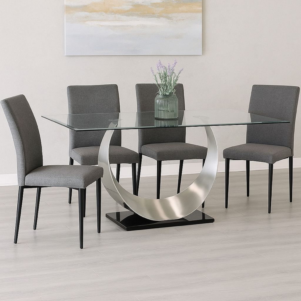 Metal and Glass Dining Table with Unique U Shape Pedestal Base, Chrome and Black - View 7