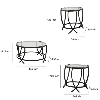 Contemporary Round Table Set with Glass Top and Geometric Metal Body, Black - View 5