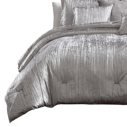 Queen Size 7 Piece Fabric Comforter Set with Crinkle Texture, Silver - View 5