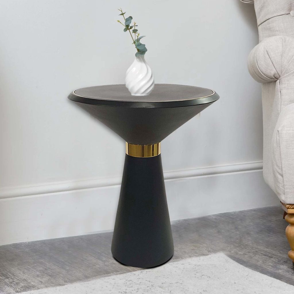 22 Inch Round Mango Wood Side Table, Smooth Brass Accents, Black Finish - View 7