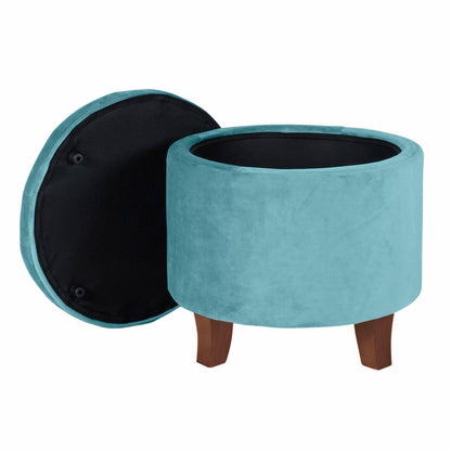Button Tufted Velvet Upholstered Wooden Ottoman with Hidden Storage, Blue and Brown - View 3