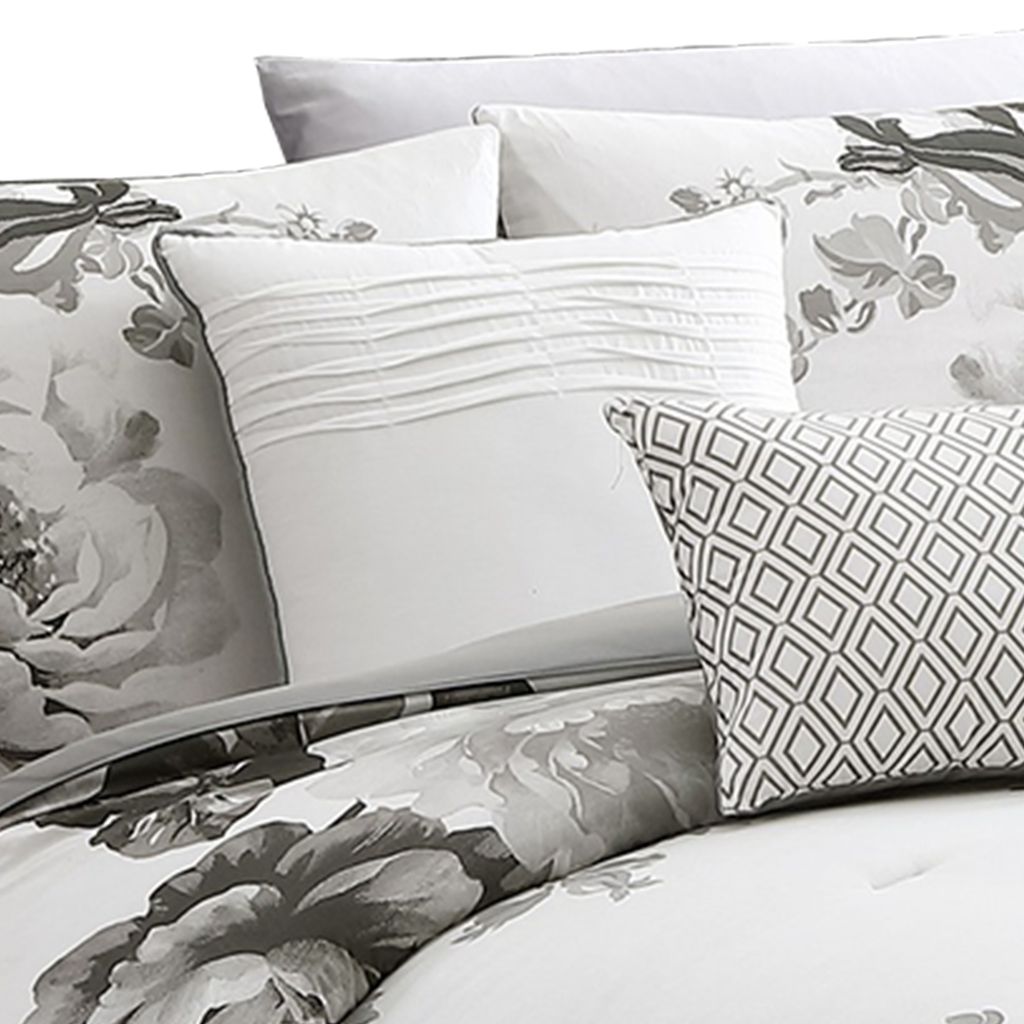 7 Piece Cotton King Comforter Set with Floral Print, Gray and White - View 4