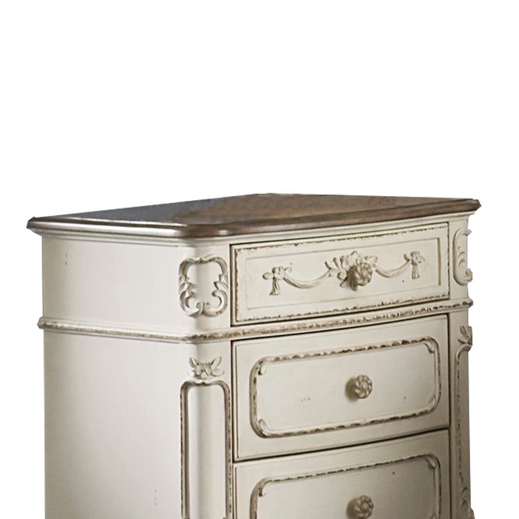 3 Drawer Nightstand with Floral Motif Carving Details, Antique White and Brown - View 2