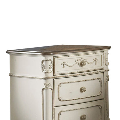 3 Drawer Nightstand with Floral Motif Carving Details, Antique White and Brown - View 2