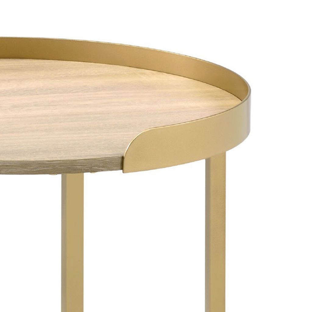 Kai 22 Inch Wood End Table, Round Tray Top, Metal Accent, Brown, Brass - View 4