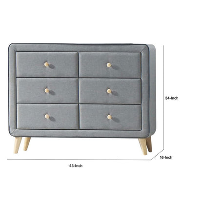 Transitional Style Wood and Fabric Upholstery Dresser with 6 Drawers, Gray - View 5