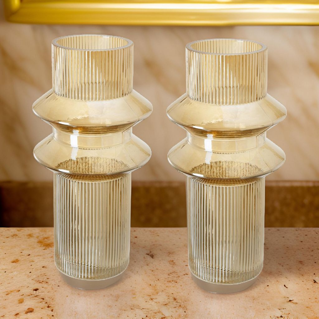 Rae Set of 2 Glass Vases, Tall Round Cylinders, Amber Yellow, Clear Finish - View 7