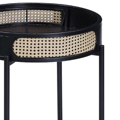 Bert 24 Inch Round End Table, Rattan Apron Accent, Metal Legs, Black - View 3