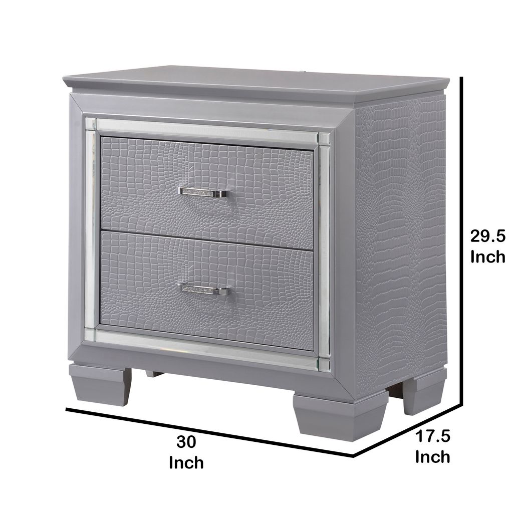 Two Drawer Wooden Nightstand with Textured Details and Mirror Accents, Gray - View 5