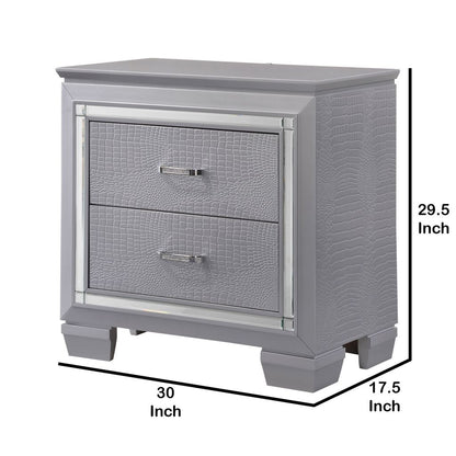 Two Drawer Wooden Nightstand with Textured Details and Mirror Accents, Gray - View 5
