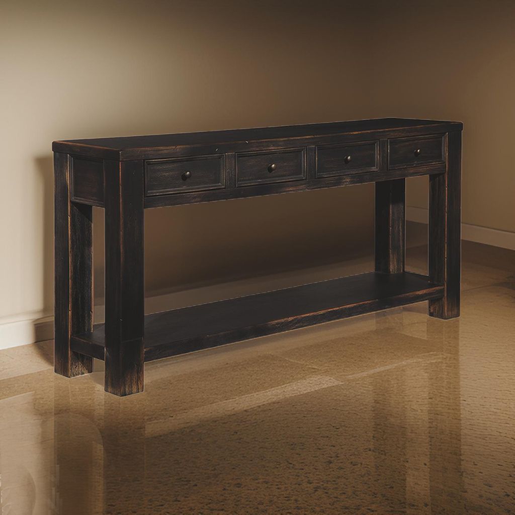 Wooden Sofa Table with Four Drawers and One Shelf, Weathered Black - View 7