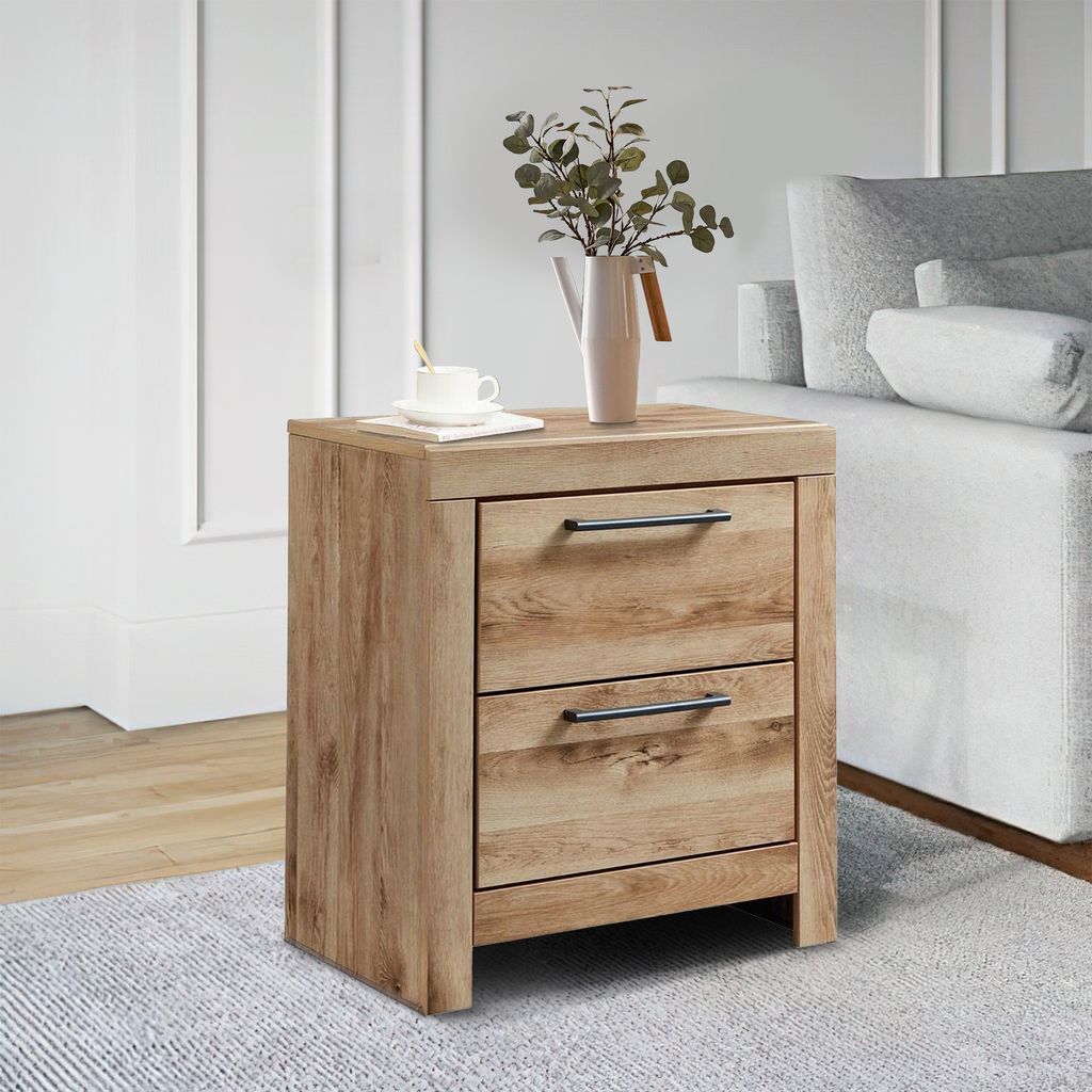Amy 24 Inch Modern Wood Nightstand, 2 Drawers, 2 USB Ports, Natural Brown - View 7
