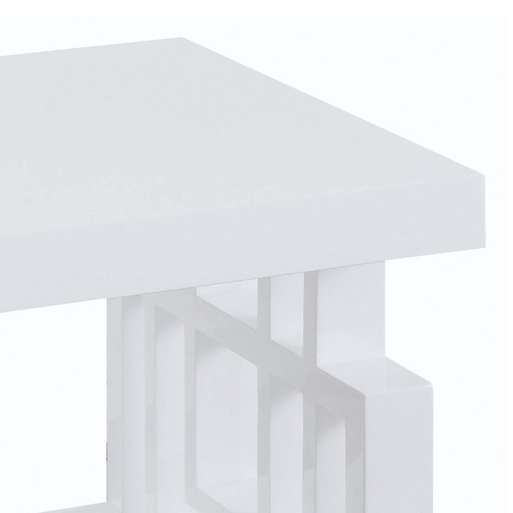 22 Inch Wood End Table, Geometric Frame, 1 Shelf, Glossy White - View 3