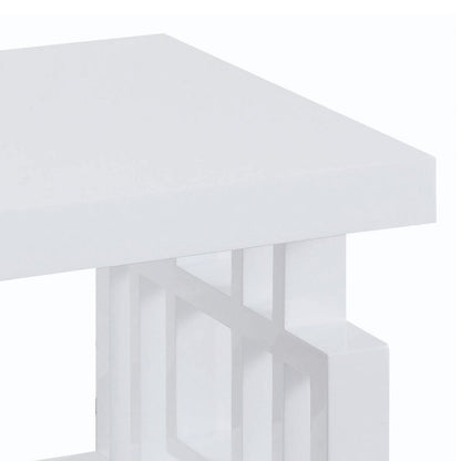 22 Inch Wood End Table, Geometric Frame, 1 Shelf, Glossy White - View 3