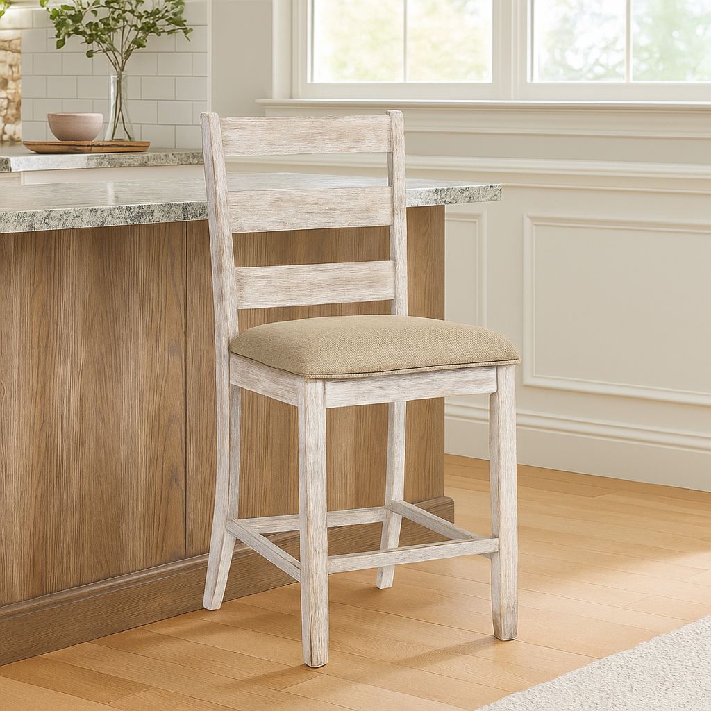 Myra Barstool Chair Set of 2 | Padded Seats and Ladderbacks | Dual Tone Weathered White Brown - View 7
