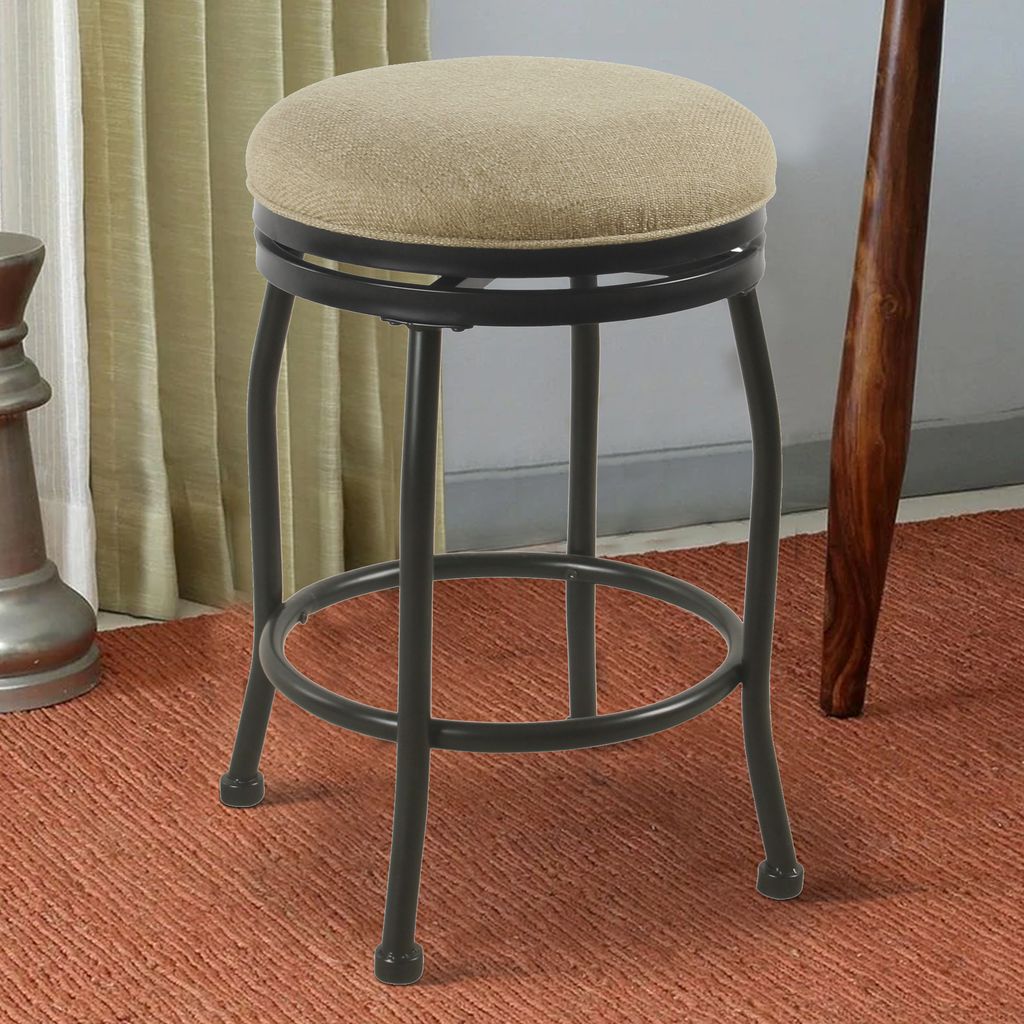 Metal Counter Stool with Swivelling Fabric Padded Seat, Beige and Black - View 7