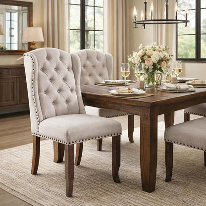 Button Tufted Fabric Upholstery Wingback Chair, Cream And Brown, Pack Of Two - View 7