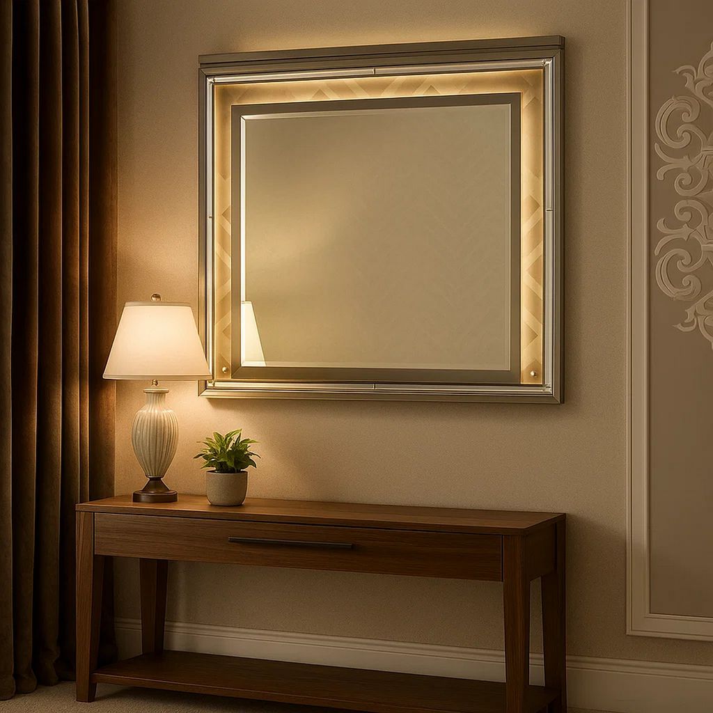 Contemporary Wall Mirror with LED and Accent Details, Gold and Brown - View 7