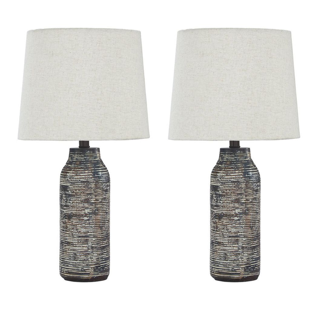 Fabric Shade Table Lamp with Textured Base, Set of 2, White and Black