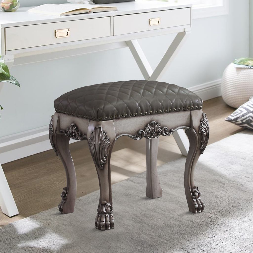 Traditional Wooden Vanity Stool with Leatherette Set and Clack Legs, Gray - View 7