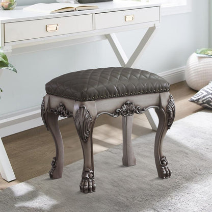 Traditional Wooden Vanity Stool with Leatherette Set and Clack Legs, Gray - View 7