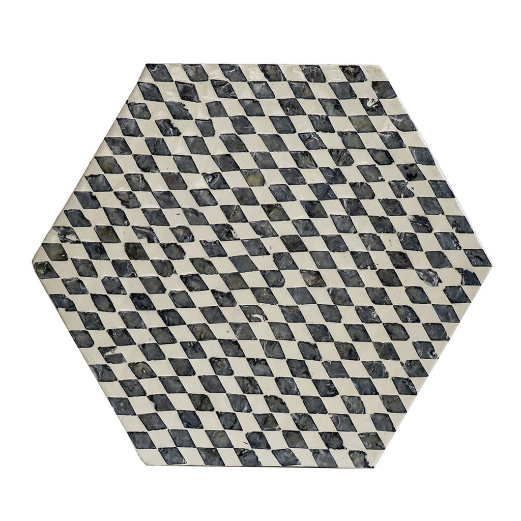17 Inch Modern Hexagonal Table Stool, Capiz Inlaid Platform, White, Black - View 4