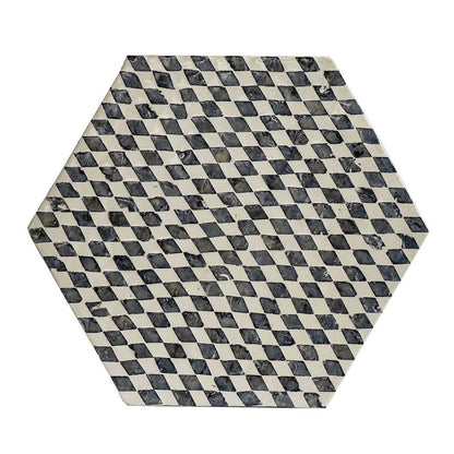 17 Inch Modern Hexagonal Table Stool, Capiz Inlaid Platform, White, Black - View 4