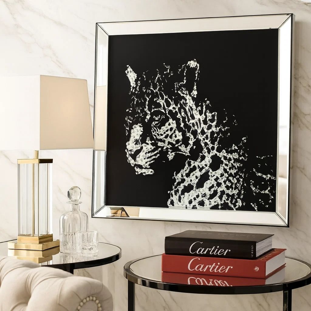 Square Shape Mirror framed Leopard Wall Decor With Crystal Inlays, Black & Silver - View 7