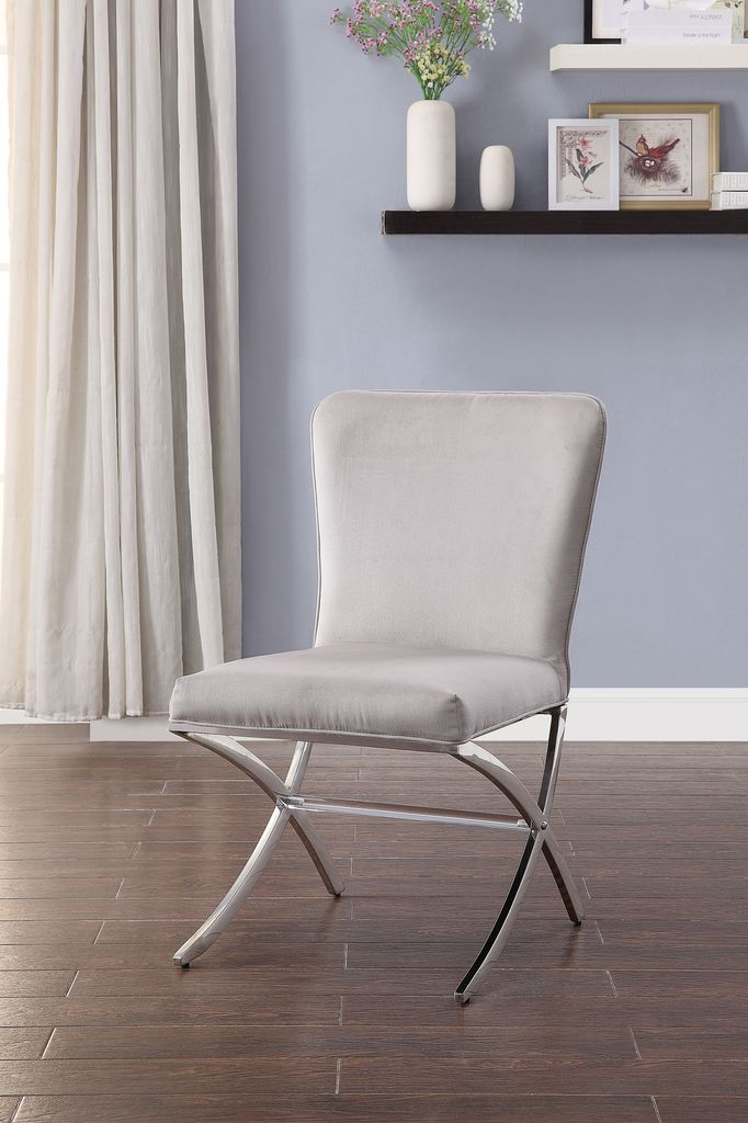Velvet Upholstered Metal Side Chair with X Style Base, Light Gray and Silver, Set of Two - View 6