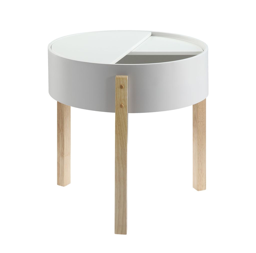 Round Wooden End Table with Hidden Storage, White and Brown - View 2